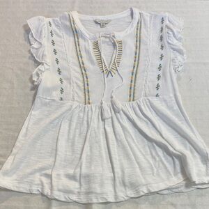 Lucky Brand White Embroidered Blouse with Blue and Yellow Accents